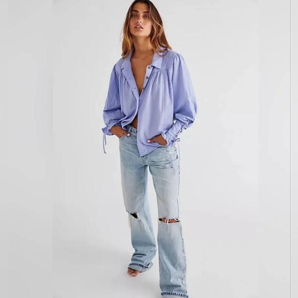 Free People Lavender Button-Front Peasant Blouse